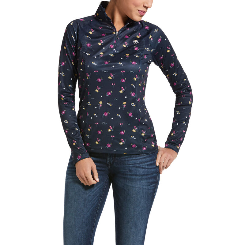 Ariat English: Sunstopper 2.0 1/4 Zip Base Layer Mujer - Azul Marino / Rosas (HYWEO1925)